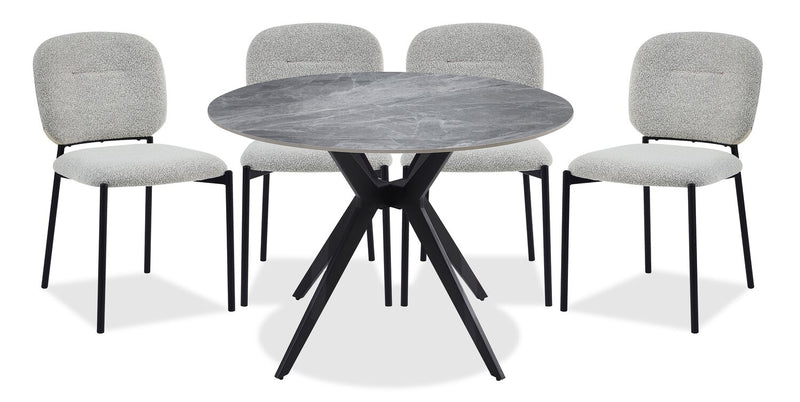 Luka 5pc Dining Set with Table & 4 Chairs, Sintered Stone Top, Metal, 43.5\"W Round - White/Beige