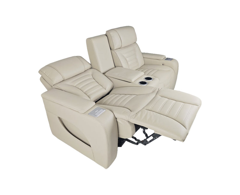 Zen 75.5\" Apricot Faux Leather Power Reclining Massage Loveseat with Refrigerator Console