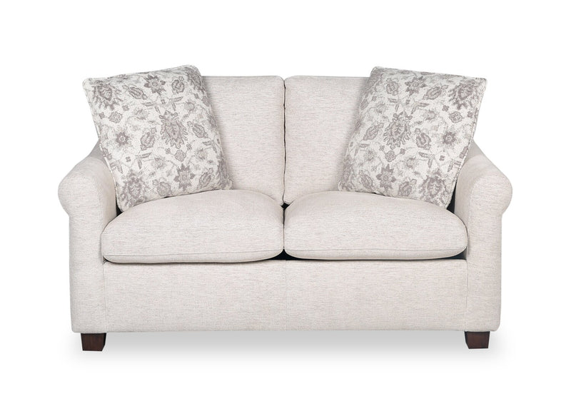 Mallie 60\" Shell White Chenille Fabric Loveseat with Rolled Arms and Wood Legs 