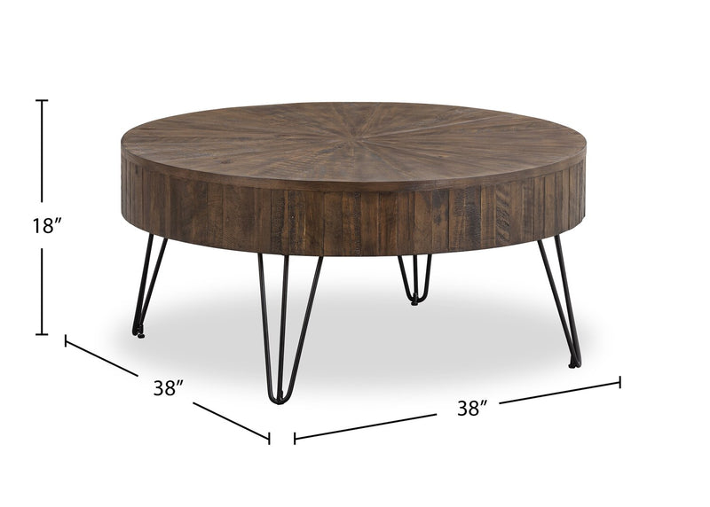 Sol 38” Rustic Round Solid Pine Wood Coffee Table - Brown