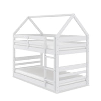 Gemma Twin Over Twin House Bunk Bed with Roof, Built-in Ladder & Guardrails for Kids - White 