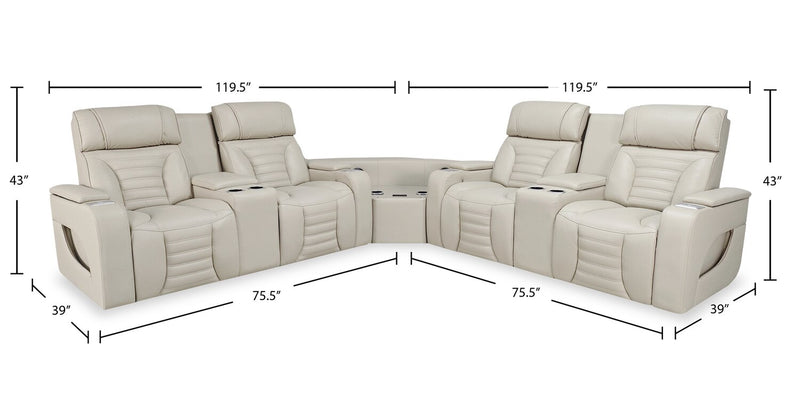 Zen 3-Piece Apricot Faux Leather Power Reclining Massage Sectional with Two Refrigerator Consoles