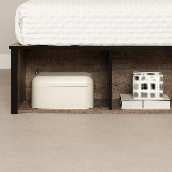 Everley Platform Bed with Built-in Storage & Baskets, Weathered Oak & Matte Black - Twin Size 