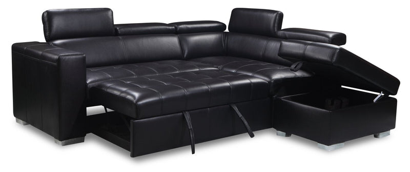 Drake 3-Piece Right-Facing Leather-Look Fabric Sleeper Sectional with Storage Ottoman - Black 