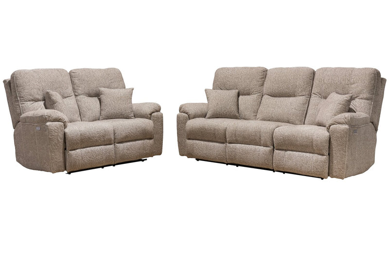 Canadian Made Dawson 64\" Fabric Power Reclining Loveseat with USB Port and Two Accent Pillows - Beige
