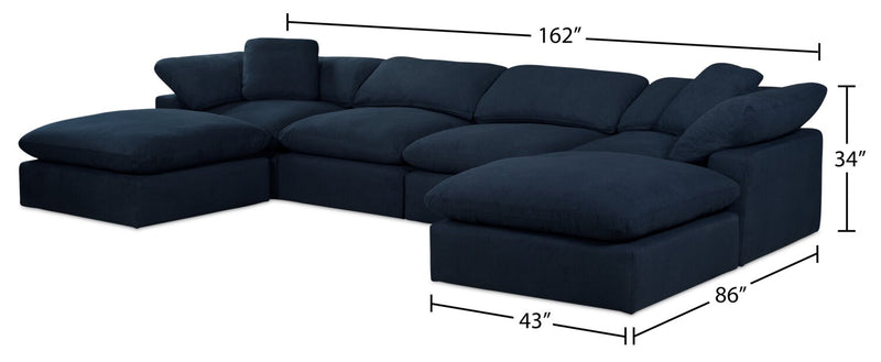 Eclipse Modular 6-Piece Linen-Look Fabric Sectional with Ottomans and Reversible Feather Down Cushions - Navy Blue 