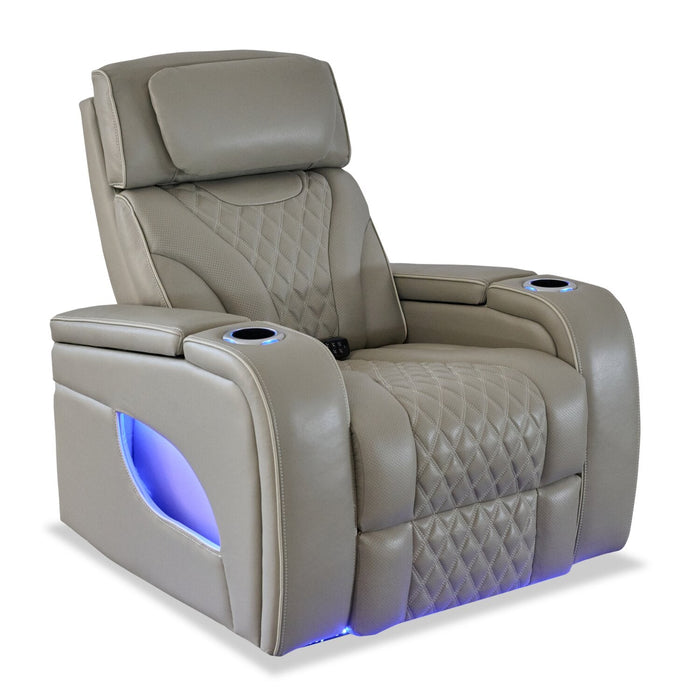 Elite 38\" Genuine Leather Massage Power Reclining Chair with Power Headrest and Storage Armrests - Putty 