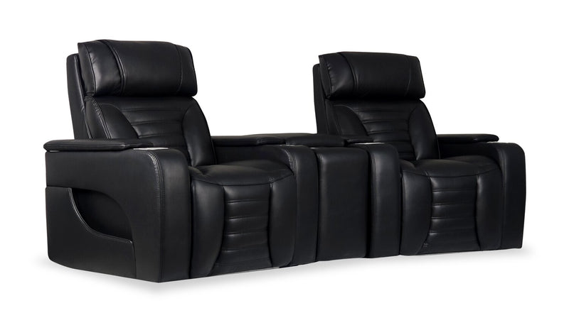 Zen 3-Piece Black Faux Leather Power Reclining Massage Home Theatre Sectional with Refrigerator Console 