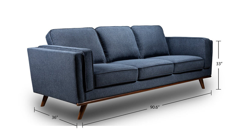 Kort & Co. Kassia 90.6\" Linen-Look Fabric Sofa with Wood Base and Legs - Blue 