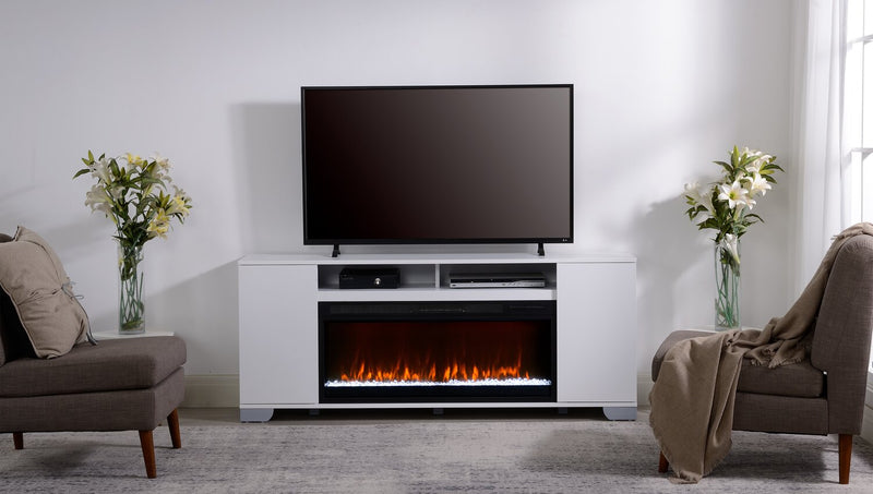 Robin 70\" Modern Electric Fireplace TV Stand with Storage and Cable Management for TVs up to 80\"- White