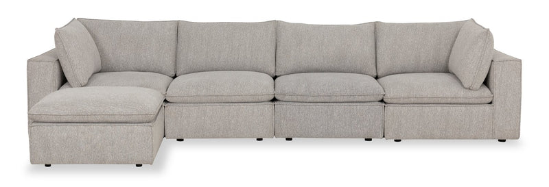 Fusion Modular 5-Piece Silver Grey Chenille Fabric Sectional with Feather Down Cushions and Ottoman