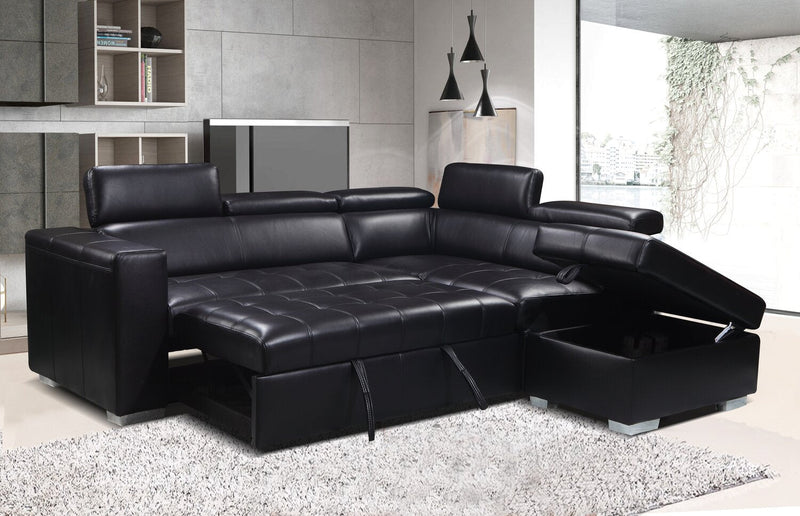 Drake 3-Piece Right-Facing Leather-Look Fabric Sleeper Sectional with Storage Ottoman - Black 
