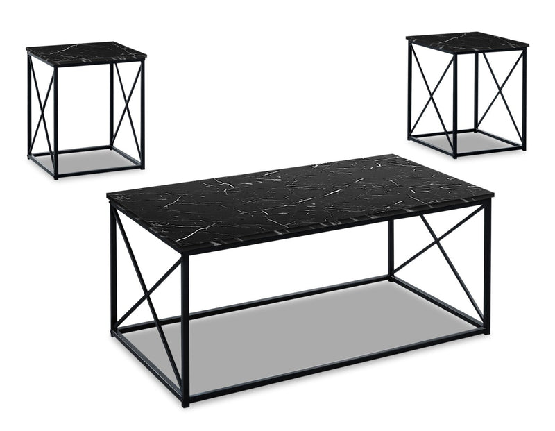 Kasey 42.25\" Modern 3-Pack Coffee + 2 End Tables - Black Marble Look with Black Metal Base
