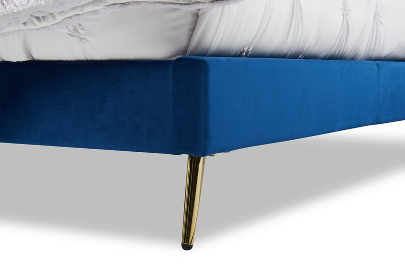 Gabi Upholstered Bed in Blue Velvet Fabric with Gold Finish Legs, Button Tufted - Queen Size 