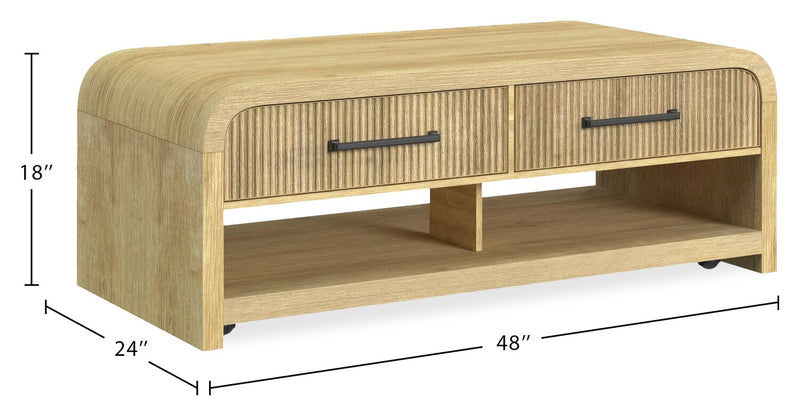 Lenore 48” Modern Coffee Table with Storage, Shelf and Casters - Natural