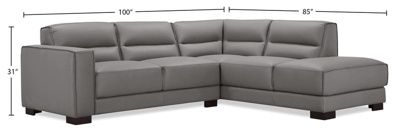 Citadel 2-Piece Right-Facing Top-Grain Genuine Leather Sectional with Wood Legs - Grey 