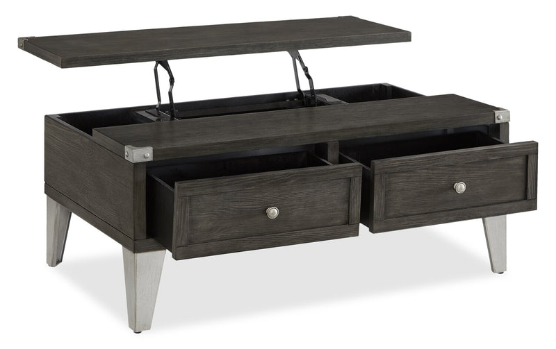 London 42\" Industrial Coffee Table – Grey Wood Finish and Silvery Metal Legs