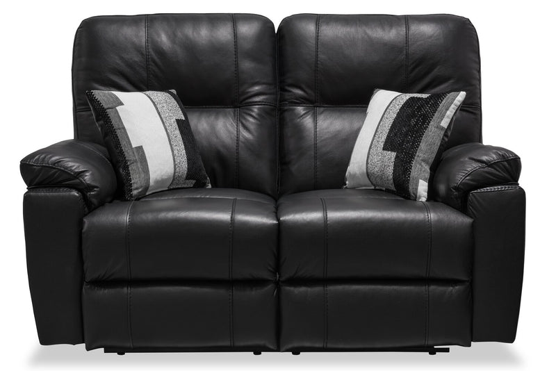 Canadian Made Dawson 64\" Genuine Leather Power Reclining Loveseat with USB Port and Accent Pillows – Black