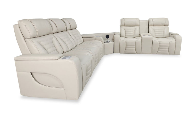 Zen 3-Piece Apricot Faux Leather Power Reclining Massage Sectional with Refrigerator and Drop-Down Console
