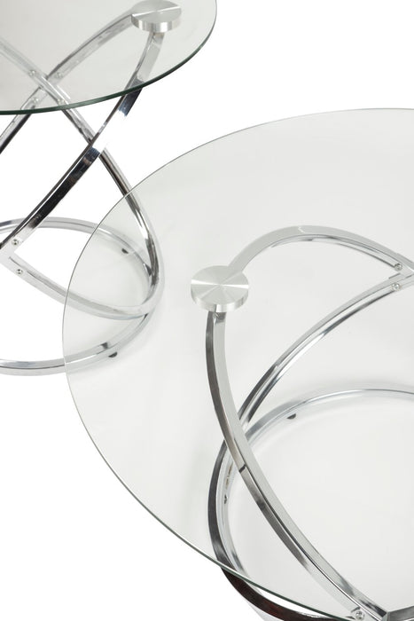 Hollynx 38\" Glam Round 3-Pack Coffee + 2 End Tables - Silver Metal Base with Glass Top