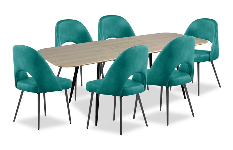 Joss 7pc Dining Set with Table & 6 Bay Chairs, 63-86.5\"W Butterfly Extension, Metal – Aqua