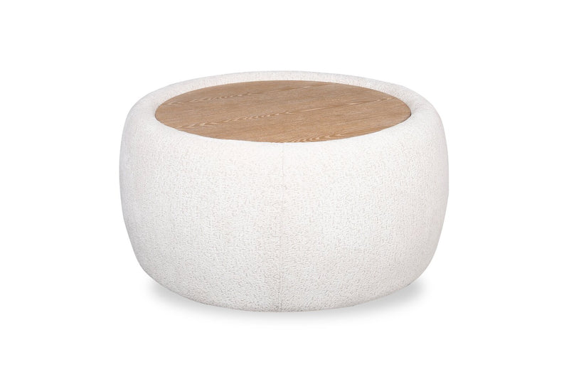 Rio 36\" Alabaster White Chenille Fabric Cocktail Ottoman with Wood Top and Legs