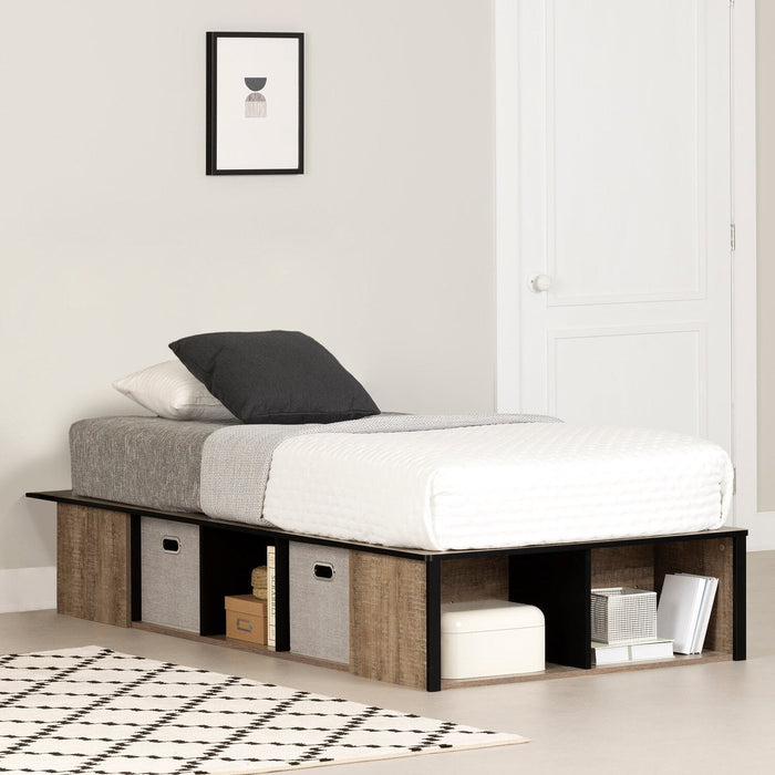 Everley Platform Bed with Built-in Storage & Baskets, Weathered Oak & Matte Black - Twin Size 