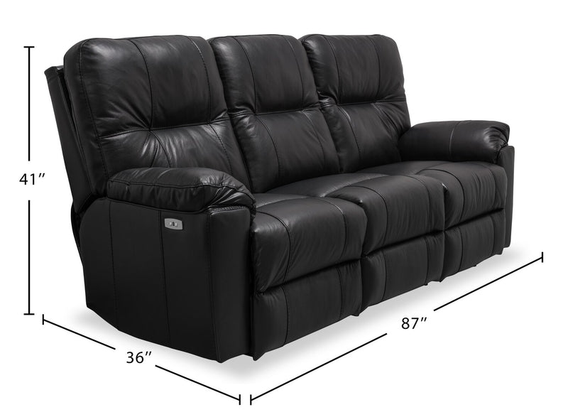 Canadian Made Dawson 87\" Genuine Leather Power Reclining Sofa with USB Port and Accent Pillows - Black