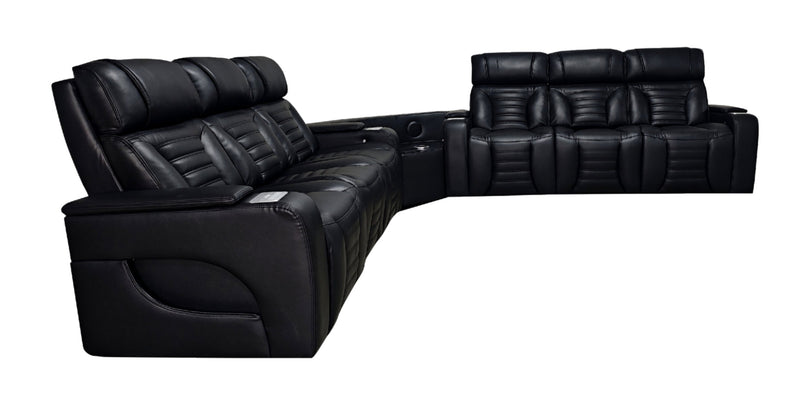 Zen 3-Piece Black Faux Leather Power Reclining Massage Sectional with Two Drop-Down Consoles