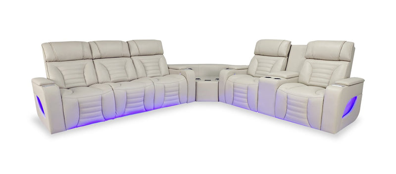 Zen 3-Piece Apricot Faux Leather Power Reclining Massage Sectional with Refrigerator and Drop-Down Console