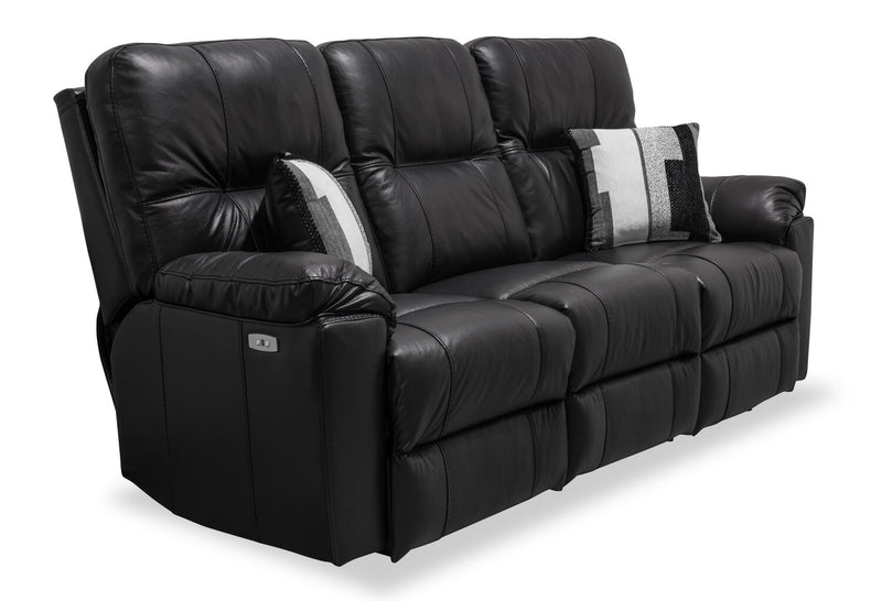 Canadian Made Dawson 87\" Genuine Leather Power Reclining Sofa with USB Port and Accent Pillows - Black
