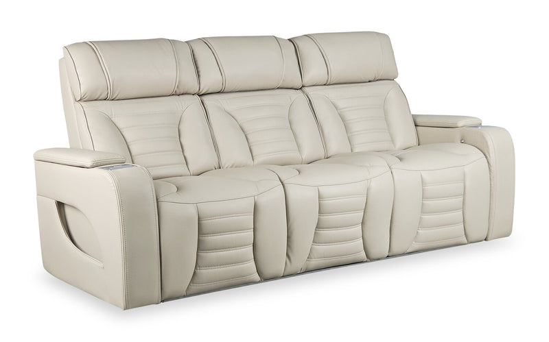 Zen 86\" Apricot Faux Leather Power Reclining Massage Sofa with Power Headrests and Drop-Down Console