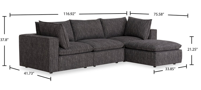 Fusion Modular 4-Piece Charcoal Grey Chenille Fabric Sectional with Feather Down Cushions and Ottoman