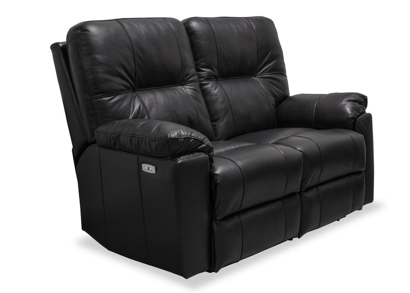 Canadian Made Dawson 64\" Genuine Leather Power Reclining Loveseat with USB Port and Accent Pillows – Black