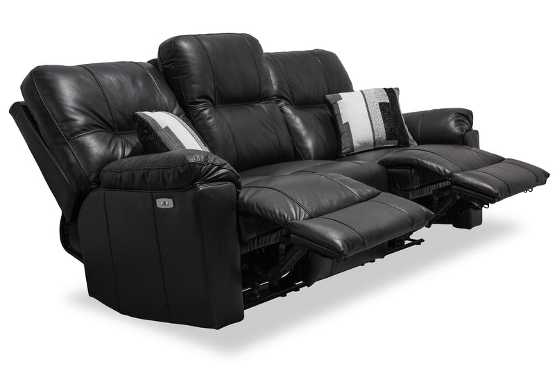 Canadian Made Dawson 87\" Genuine Leather Power Reclining Sofa with USB Port and Accent Pillows - Black