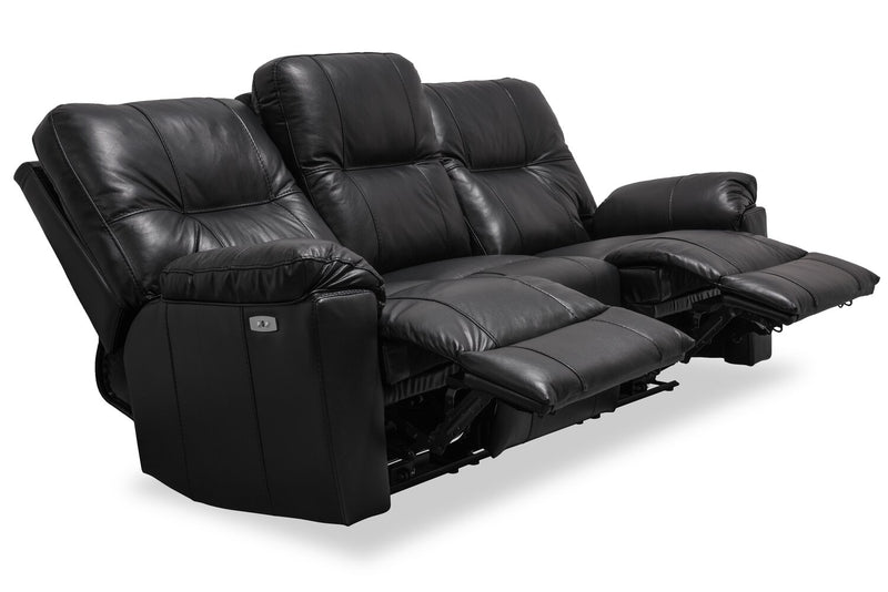 Canadian Made Dawson 87\" Genuine Leather Power Reclining Sofa with USB Port and Accent Pillows - Black