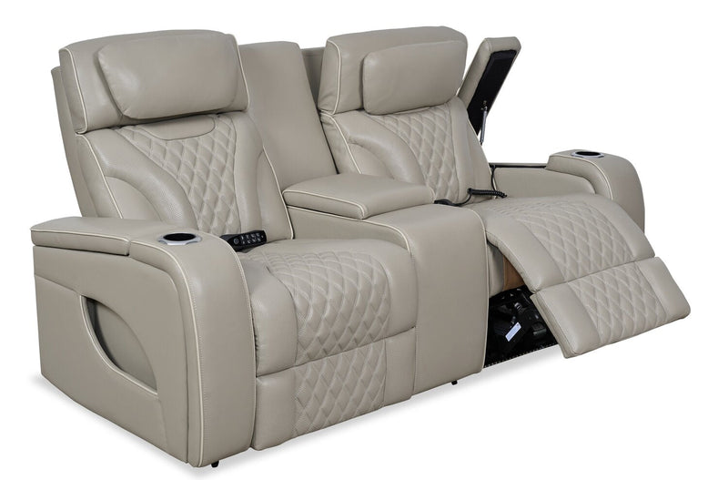 Elite 74\" Genuine Leather Massage Power Reclining Loveseat with Power Headrests and Storage Arms - Putty 