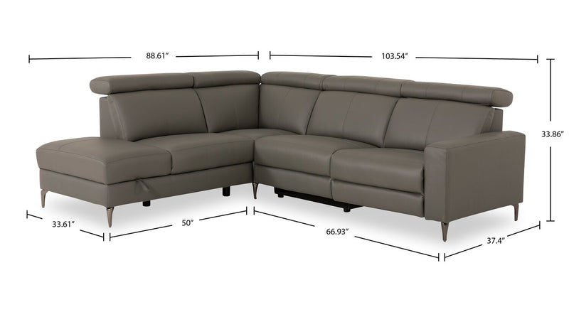 Valentino 3-Piece Left-Facing Grey Genuine Leather Power Reclining Sectional with Adjustable Headrests 