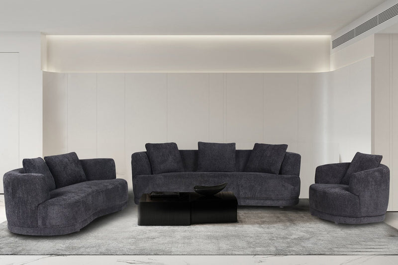 Primo Moon 91\" Wooly Raven Black Fabric Curved Sofa with Accent Pillows