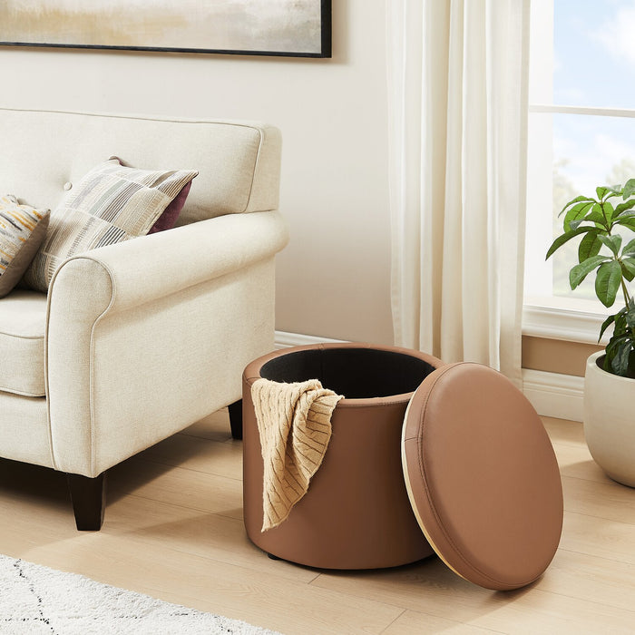 Manitoba Round Faux Leather Storage Ottoman - Brown