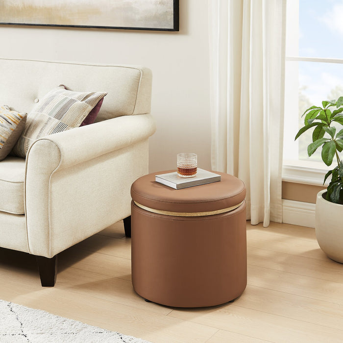 Manitoba Round Faux Leather Storage Ottoman - Brown