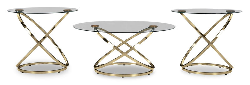 Joyce 38\" Glam Round 3-Pack Coffee + 2 End Tables - Gold Metal Base with Glass Top