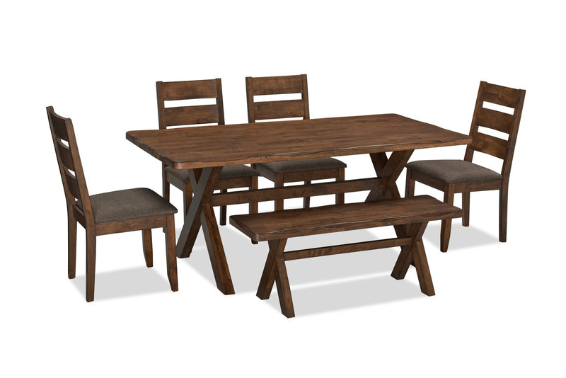 Plum 6pc Dining Set with Table, Bench & 4 Chairs, Wood, Live-Edge Look, 70.75\"W- Nutmeg Brown 