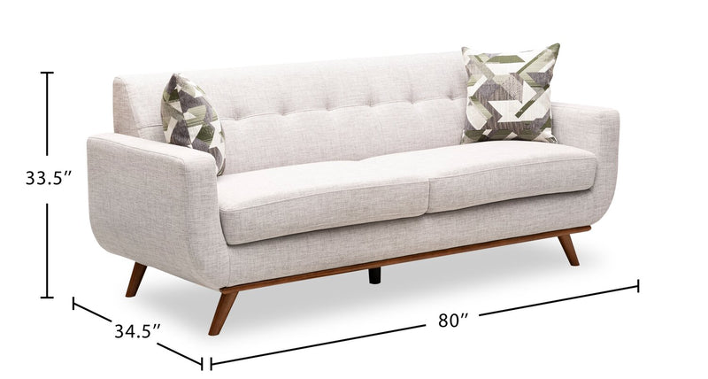 Kort & Co. Freeman 80” Dove White Linen-Look Fabric Condo Size Sofa with Wood Base and Legs