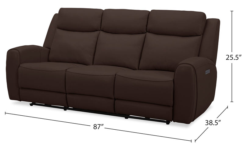 Reign 87\" Silverado Chocolate Brown Top-Grain Genuine Leather Power Reclining Sofa with USB Port
