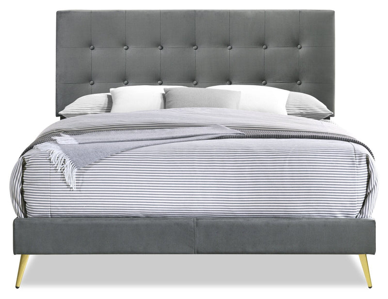 Gabi Upholstered Bed in Charcoal Velvet Fabric with Gold Finish Legs, Button Tufted - King Size 