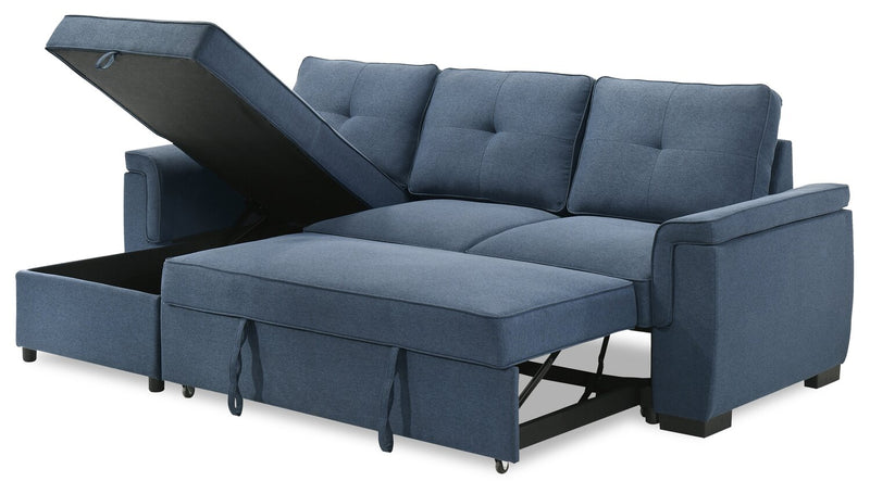 Eden 2-Piece Blue Linen-Look Fabric Sleeper Sectional with Storage Chaise and Removable Back Cushions