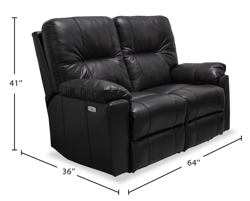 Canadian Made Dawson 64\" Genuine Leather Power Reclining Loveseat with USB Port and Accent Pillows – Black