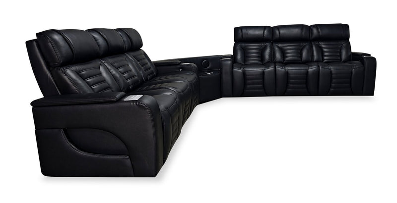 Zen 3-Piece Black Faux Leather Power Reclining Massage Sectional with Two Drop-Down Consoles