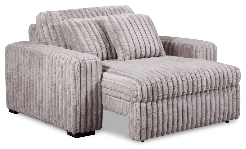 Stratus 59” Fog Grey Chenille Fabric Chair with Power Sliding Chaise and Two Accent Pillows